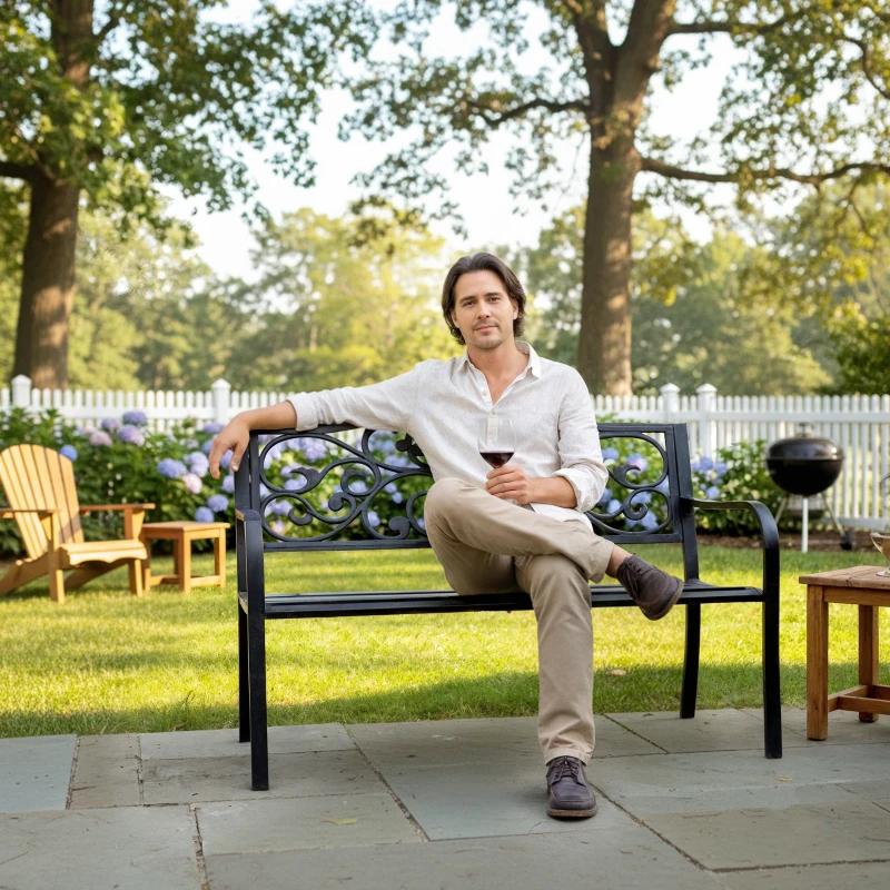 Outsunny Banc de jardin 3 places terrasse Style Cosy Chic 127L x 60l x 85H cm métal époxy anticorrosion Noir