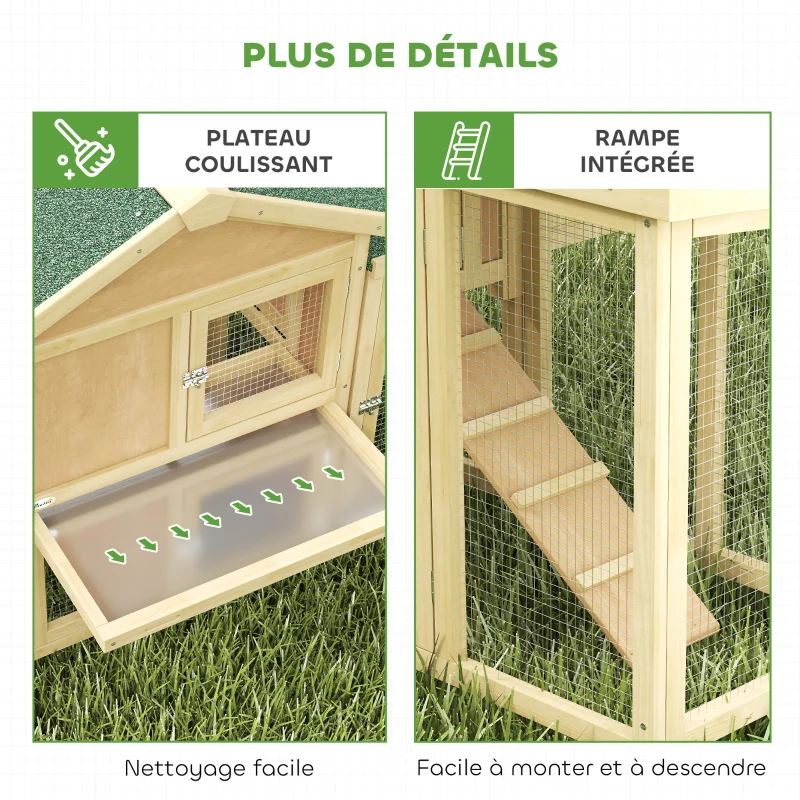PawHut Poulailler clapier modèle chalet multi-équipé : rampes, nichoirs, plateau, en bois massif 204 x 85 x 93 cm bois naturel