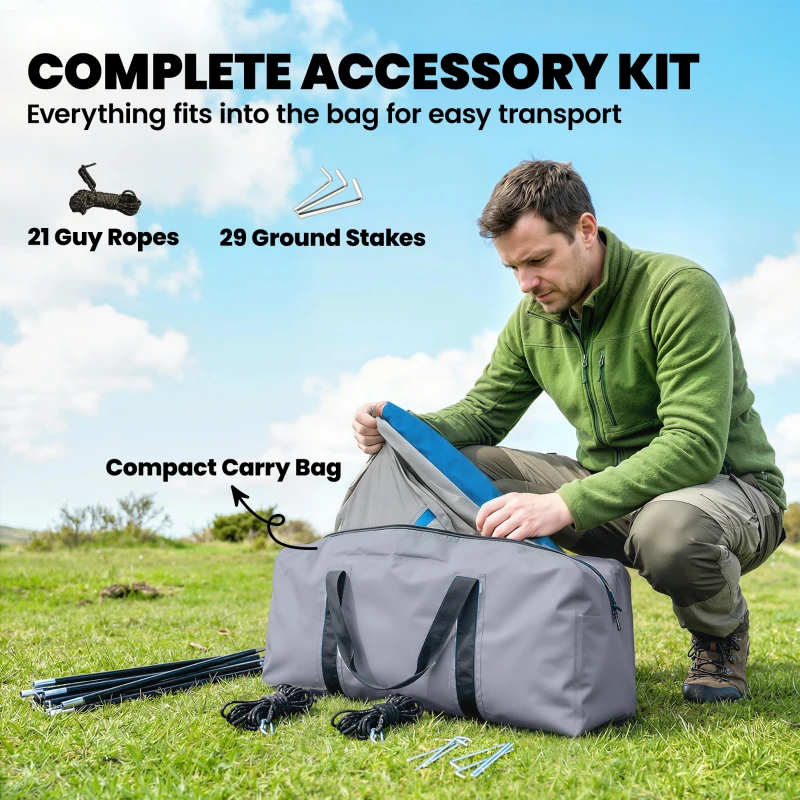 Outsunny Cort familial tip tunel pentru 4 persoane cu 3 camere Ușă 4 ferestre Impermeabil Montaj ușor