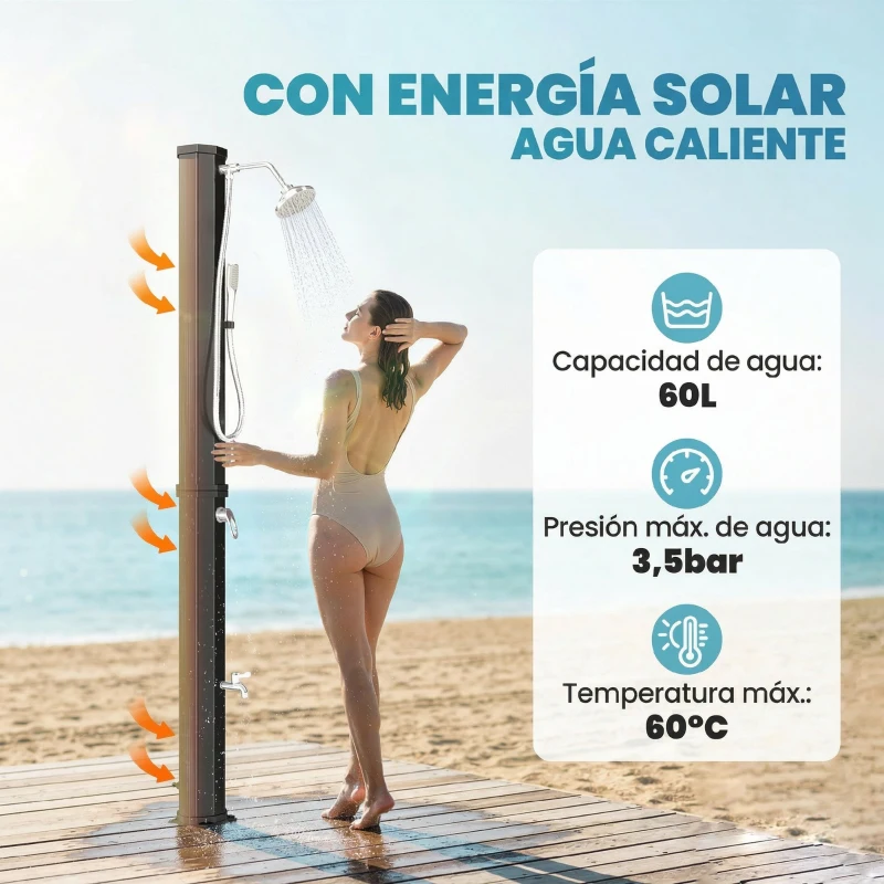 Outsunny Ducha Solar Jardín 60L con Cabezal Ducha de Mano Grifo para Pies y Temperatura Ajustable Máx. 60 °C para Piscina Negro