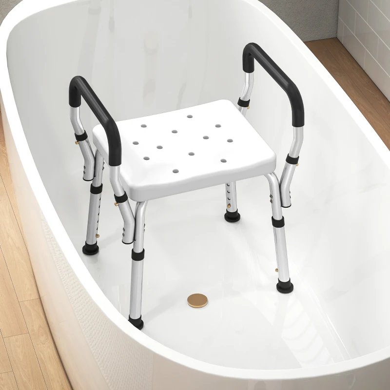 HOMCOM Tabouret de douche pour personnes âgées et handicapées avec accoudoirs, hauteur réglable, patins antidérapants, blanc