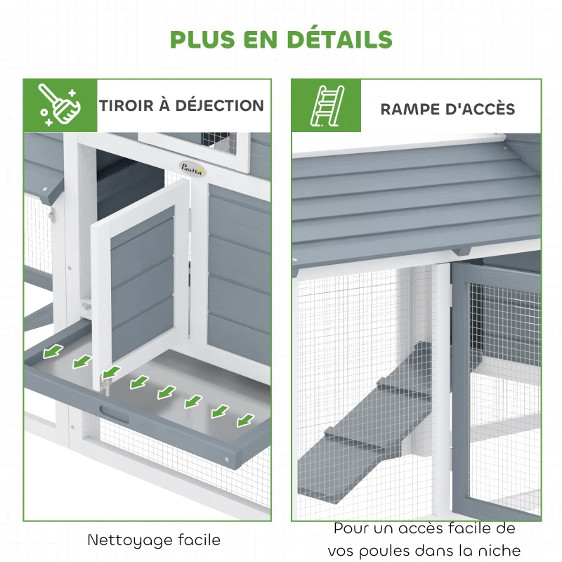 PawHut Petit poulailler cottage cage à poules sur pied dim. 150,5L x 54l x 87H cm multi-équipement bois massif de sapin