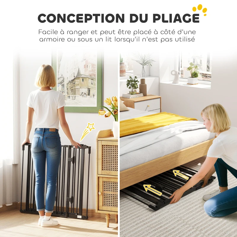 PawHut Barriere de securite chien pliable avec porte en acier 3 panneaux modulable fermeture automatique 202,5 x 2 x 76 cm noir