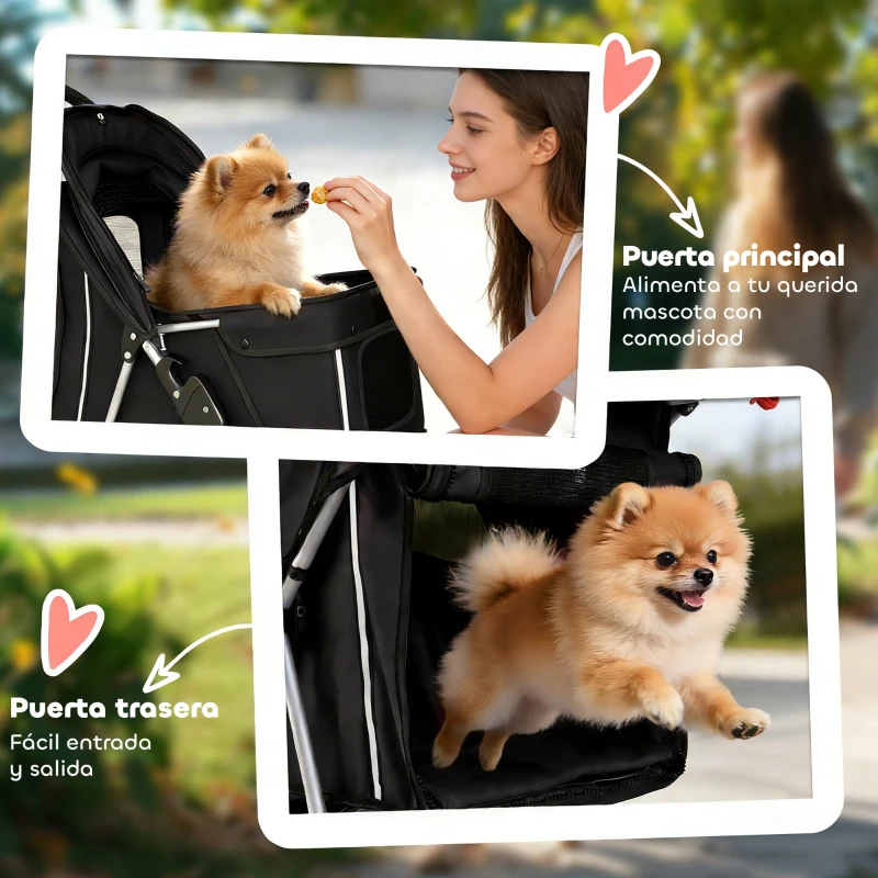 PawHut Carrito para Perros Pequeños con Cesta de Almacenaje Portavasos Ruedas y Cojín Lavable 77x44x102 cm Negro