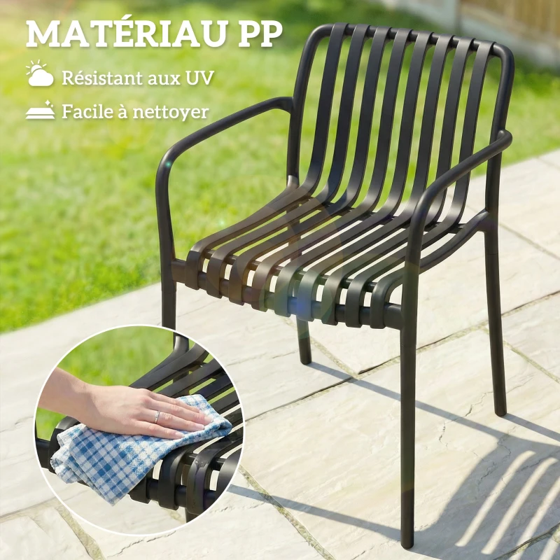 Outsunny Lot de 4 Chaises de Jardin Empilables avec Dossier Incurvé et Accoudoirs, pour Piscine Terrasse, 55x58,5x81,5cm, Noir