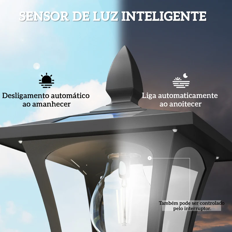 Outsunny Candeeiro Solar Exterior de Jardim com Vaso Poste de Alumínio IP44 Ligação Automática 33x33x160 cm Preto