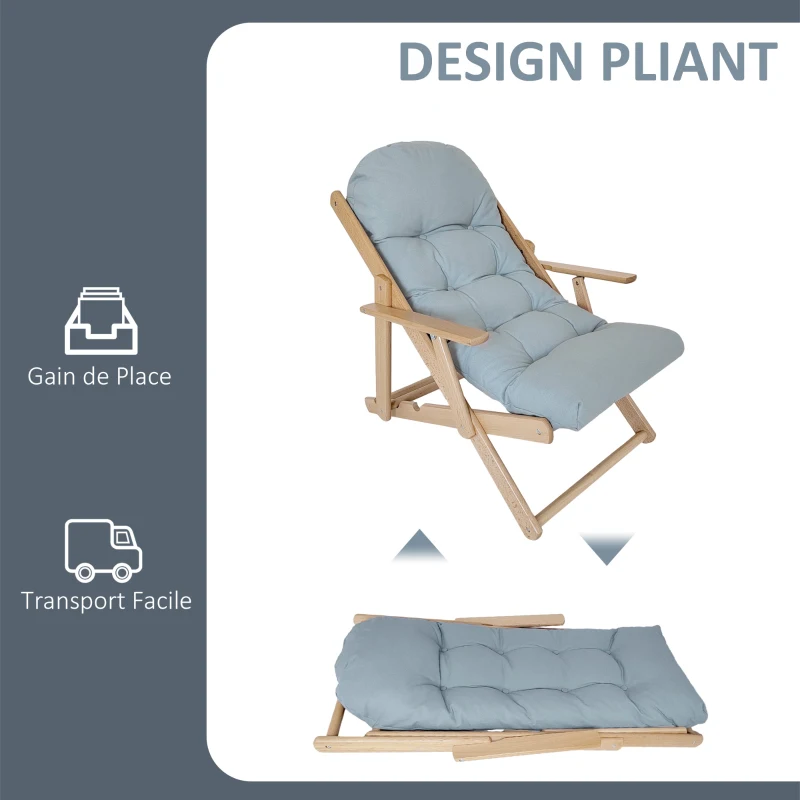 HOMCOM Fauteuil Chaise de Salon Pliable et inclinable en Bois Fauteuil Relax Confortable avec Coussin capitonné épais