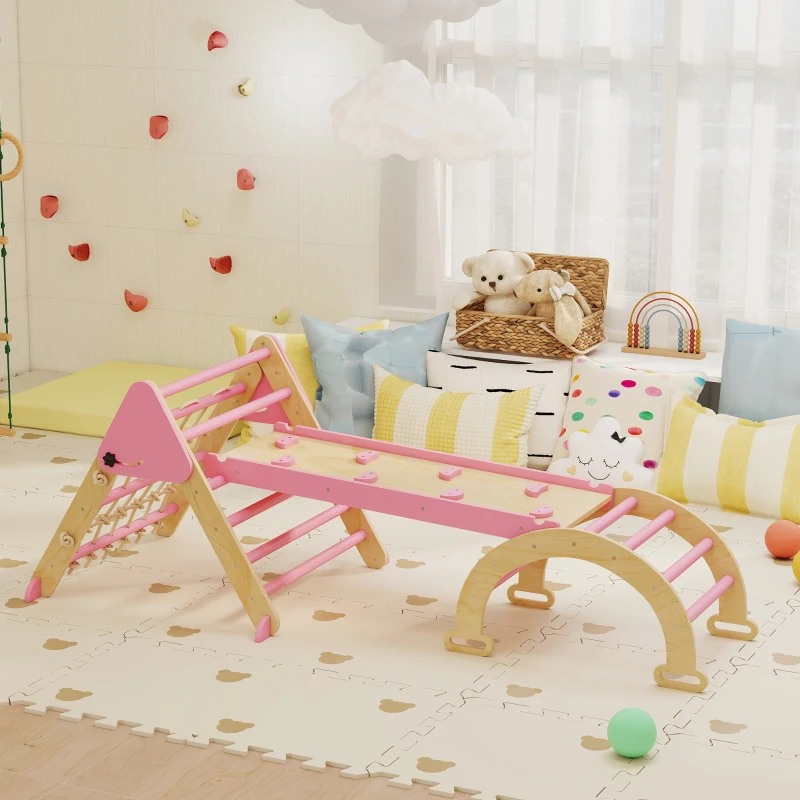 AIYAPLAY Triangle d'escalade enfants 8 en 1 avec rampe double face, arc d'escalade en bois avec toboggan & échelle, rose
