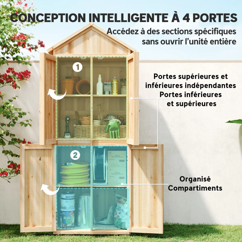 Outsunny Armoire de Jardin en Bois Abri à Outils Rangement Extérieur Toit en Pointe en Asphalte 82x50x190cm Bois Naturel