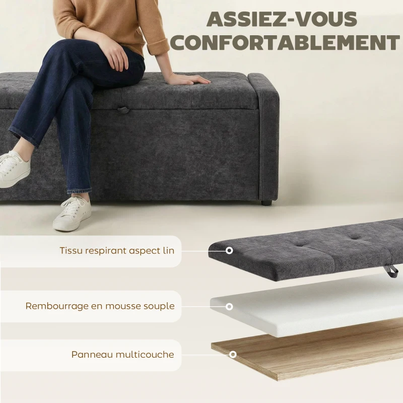 HOMCOM Banc de rangement, bout de lit, repose-pieds rembourré en lin avec assise large, 122 x 48 x 44 cm, gris foncé