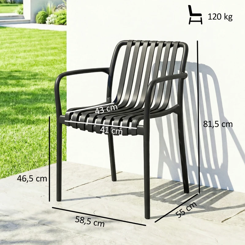 Outsunny Lot de 4 Chaises de Jardin Empilables avec Dossier Incurvé et Accoudoirs, pour Piscine Terrasse, 55x58,5x81,5cm, Noir