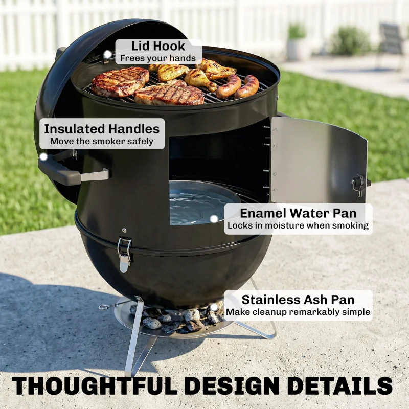 Outsunny 3-in-1 Räuchergrill mit 3 Grillrosten, integriertem Thermometer, verstellbarer Belüftung, 62,5x47,5x91cm, Schwarz