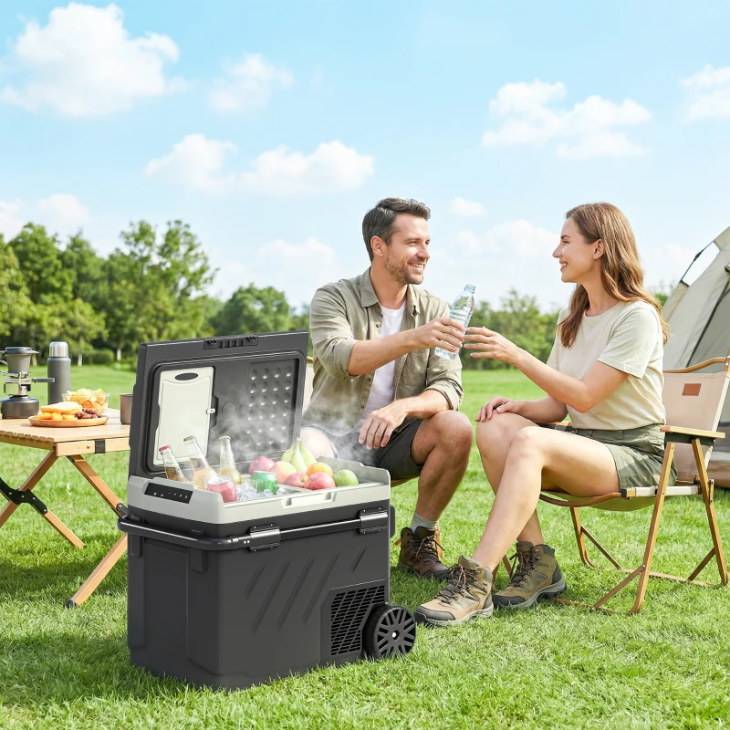 Outsunny Frigorífico Portátil Elétrico 49 L com Compressor Dupla Zona Controlo por App Rodas Pega Telescópica -20 ℃ a 20 ℃ e Porta USB