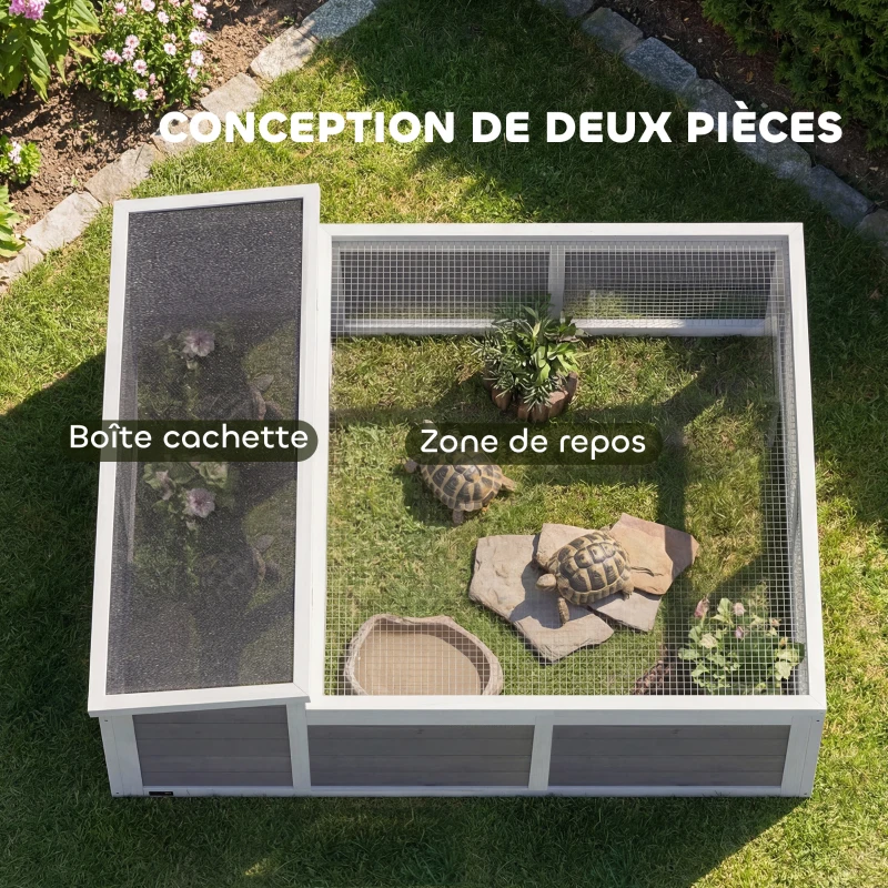 PawHut Maison Tortue Terrestre Habitat 2 Zones avec Double Toit Ouvrant Bitumé et Grillagé Fenêtre 113x106,5x44,5cm Gris Foncé