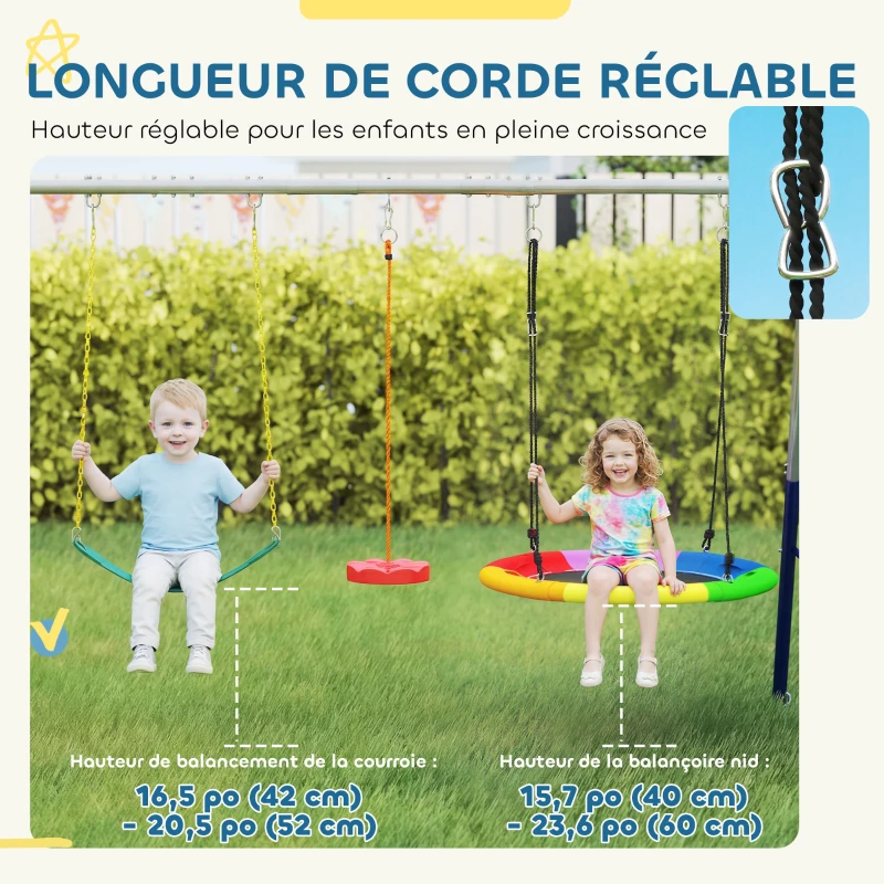AIYAPLAY Balançoire Portique Enfants 5 en 1 avec Toboggan, 3 Balançoire, Face à Face, Hauteur Réglable, 3-8 ans, Multicolore