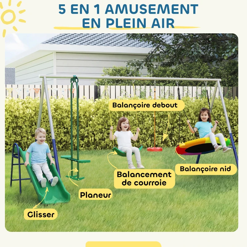 AIYAPLAY Balançoire Portique Enfants 5 en 1 avec Toboggan, 3 Balançoire, Face à Face, Hauteur Réglable, 3-8 ans, Multicolore