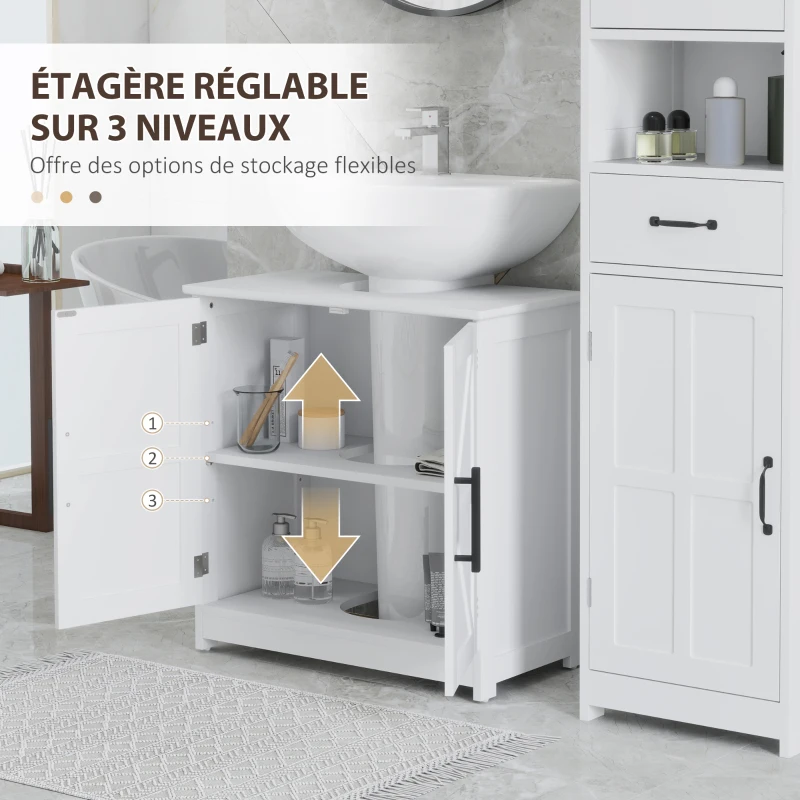 HOMCOM Meuble sous lavabo, meuble de salle de bain avec 2 portes magnétiques style grange et étagères, 60 x 30 x 60 cm, blanc