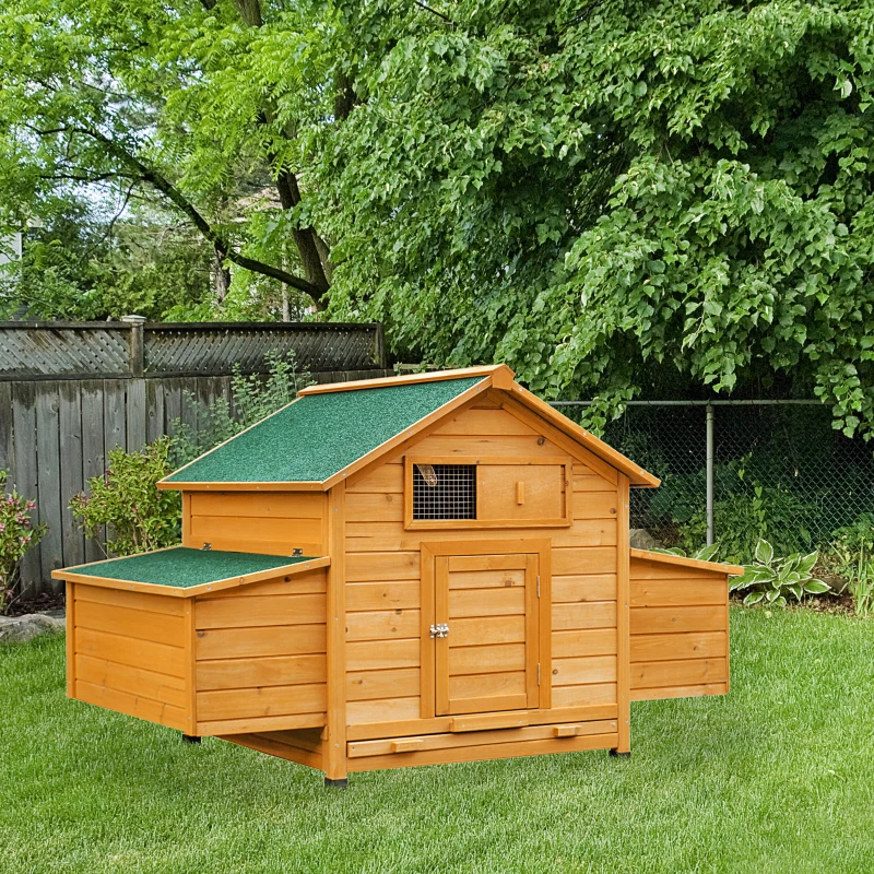 PawHut Poulailler en bois accueillant 4 poules, cage à poules avec pondoir, toit imperméable ouvrable, tiroir amovible, jaune