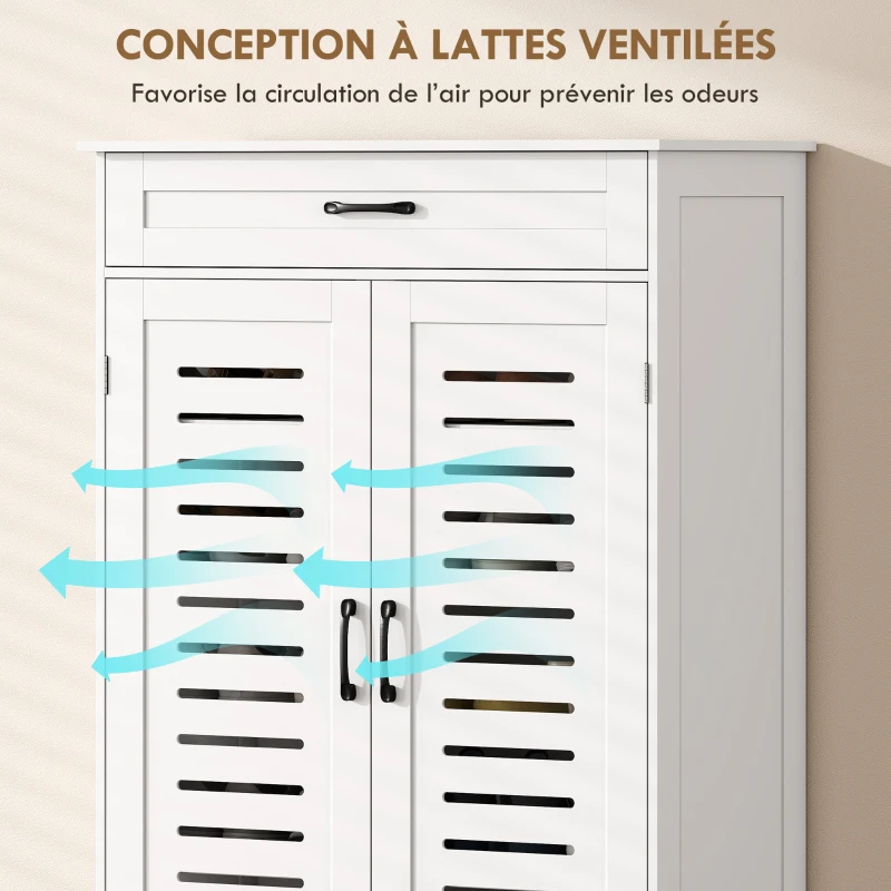 HOMCOM Meuble à chaussures 20 paires, armoire à chaussures avec 2 portes persiennes, tiroir et étagères réglables, blanc