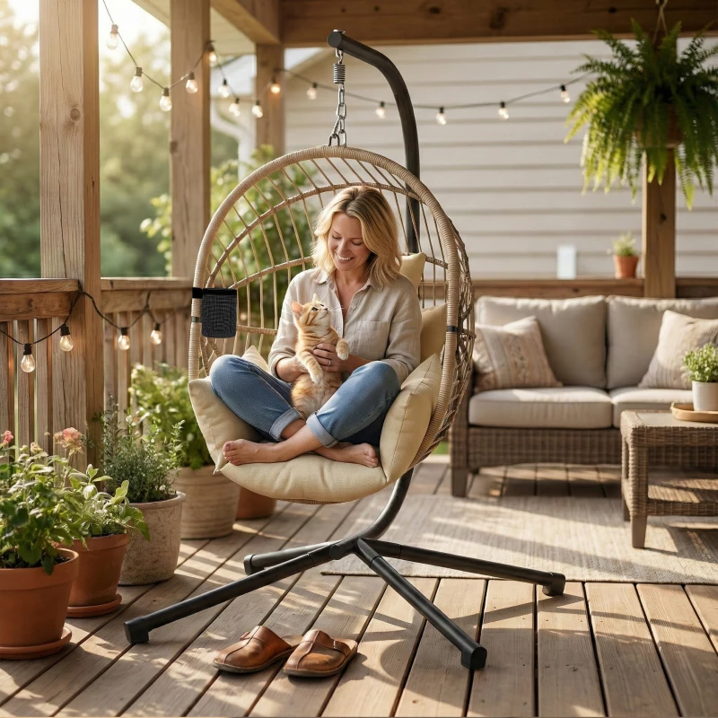 Outsunny Fauteuil Œuf Suspendu, Chaise Hamac Balançoire Intérieur et Extérieur, Panier Pliable, Coussin Rembourré, Kaki