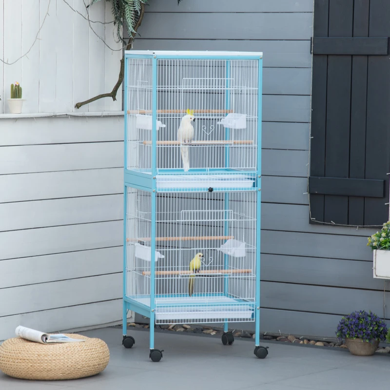 PawHut Grande Cage à Oiseaux sur Pied Double avec Mangeoires Perchoirs Plateau Amovible Roulettes 51,5 x 50 x 140 cm Bleu Clair