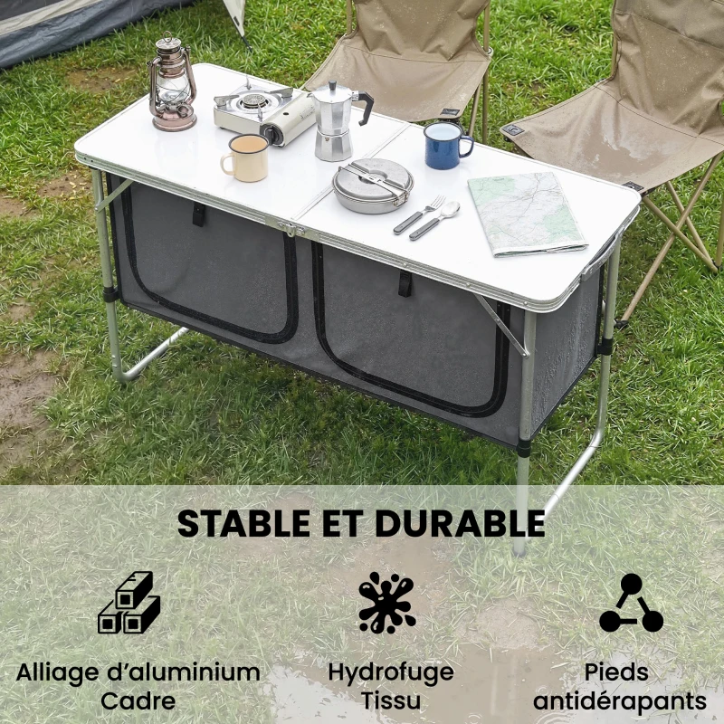 Outsunny Armoire de Camping Pliante en Aluminium avec Rangement pour Pique-nique, Barbecue, Extérieur, 120x47x70cm, Argent