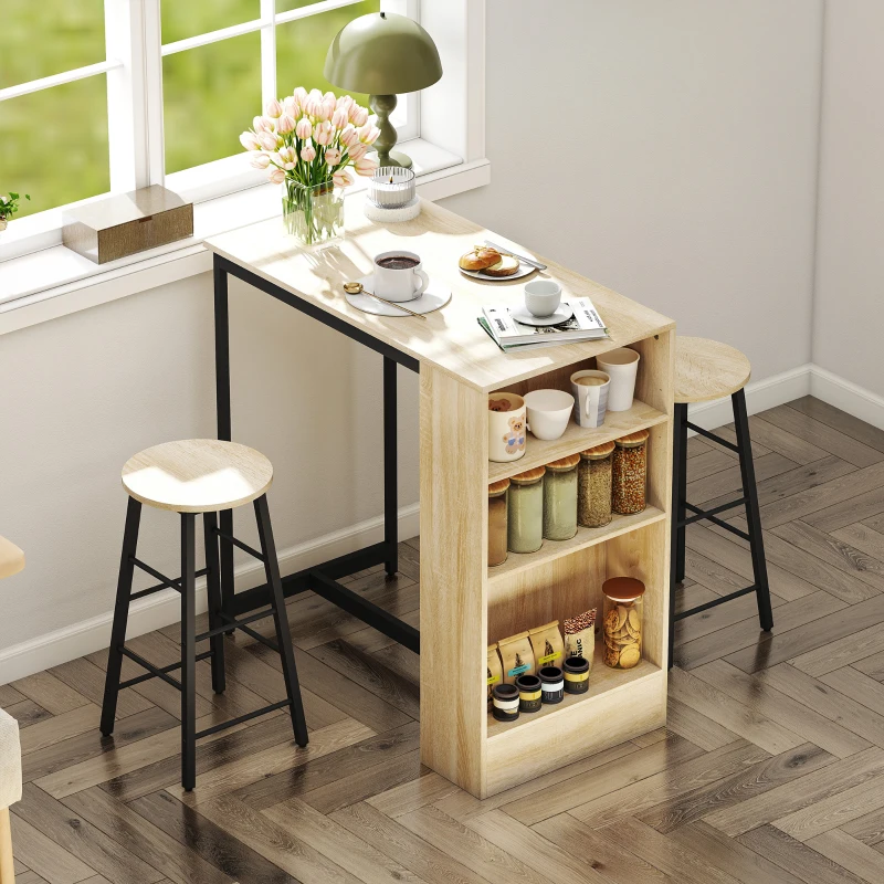 HOMCOM Ensemble table de bar avec tabourets, compartiments ouverts, étagère réglable et repose-pieds, chêne et noir