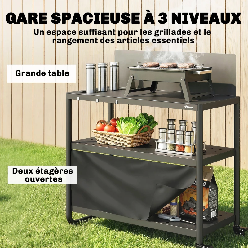 Outsunny Chariot de Barbecue Desserte de Jardin Mobile avec Pare-vent 3 Niveaux Rideau Oxford 100x46x110cm Noir