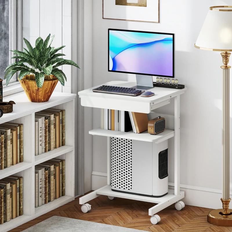 HOMCOM Bureau d'ordinateur sur roues, bureau avec rangement 56 x 51 cm avec tiroir, compartiment et support CPU, blanc