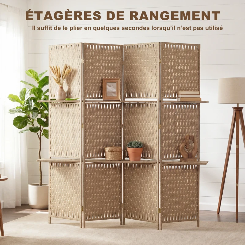 HOMCOM Séparateur de pièces 4 panneaux 2 étagères pliables naturel paille