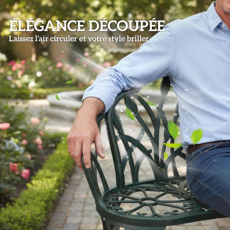 Outsunny Banc de jardin en aluminium moulé, banc extérieur 2 places avec dossier tulipe, assise florale, 99x57x78cm, vert antique