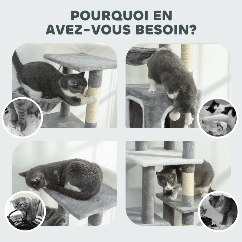 PawHut Arbre à chat tour de jeux pour chats centre d'activités 2 niches plateformes hamac échelle et 4 pompons 165 cm gris