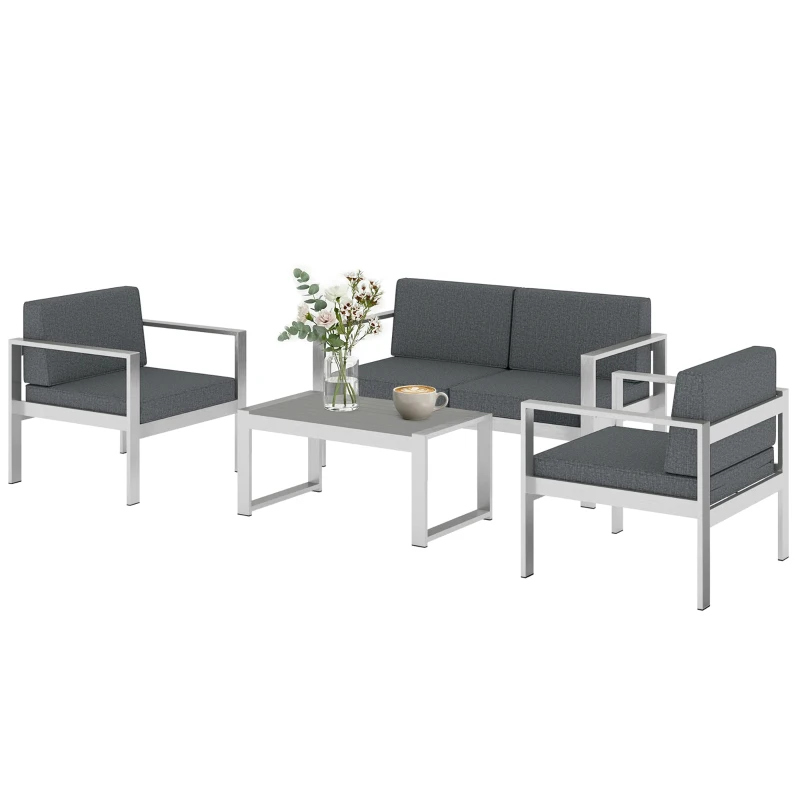 Outsunny 4 Seater Garden Furniture Set, Extra Wide Deep Garden Sofa Set with Olefin Cushions, Brushed Aluminium Frame, Dark Grey