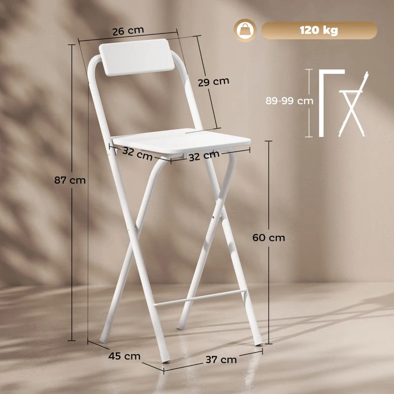 HOMCOM Lot de 2 tabourets de bar pliables avec dossier et repose-pieds, cadre en acier, 87 cm de haut, blanc