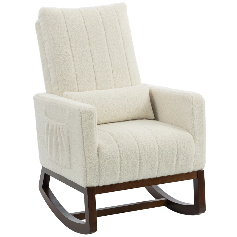 HOMCOM Fauteuil à bascule, rocking chair en flanelle neige rembourré, coussin lombaire, dossier haut, poches latérales, crème
