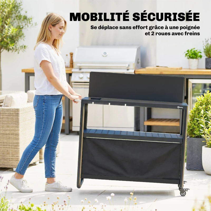 Outsunny Chariot de Barbecue Desserte de Jardin Mobile avec Pare-vent 3 Niveaux Rideau Oxford 100x46x110cm Noir