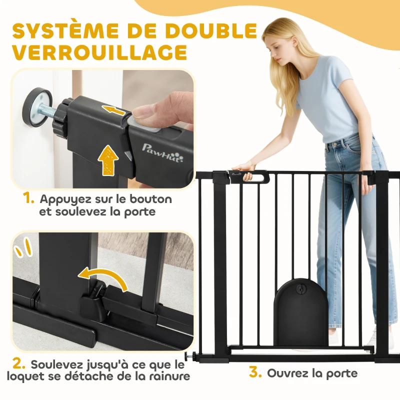 PawHut Barrière de sécurité animaux avec porte fermeture automatique système de double verrouillage, acier noir