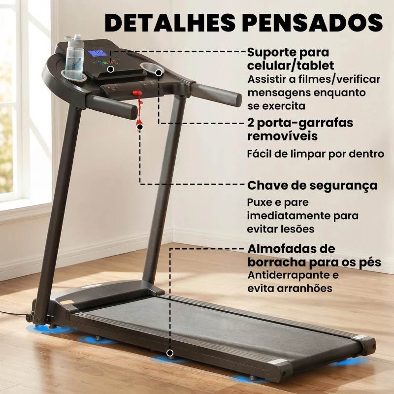 HOMCOM Passadeira para Casa 1-12 KM/H 1,5HP com 12 Programas Rodas Ecrã LED e Suporte para Telemóvel para Casa ou Escritório