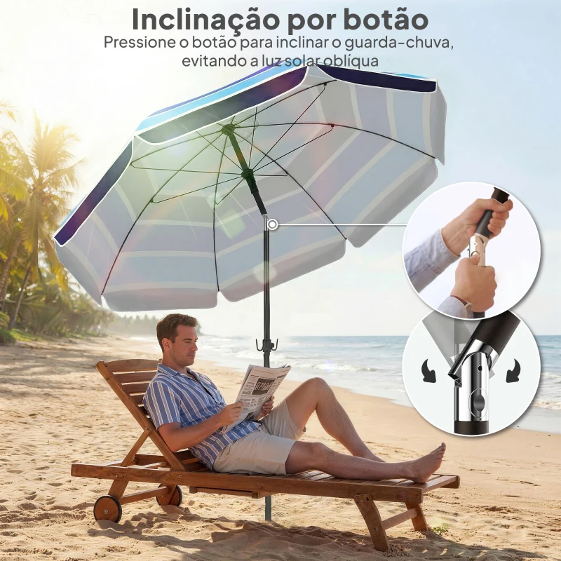 Outsunny Chapéu de Sol de Praia com Mesa Dobrável e Porta-Copos Ø198 cm Altura Ajustável Inclinação Bolsa de Transporte e Gancho UV30+ Multicolor