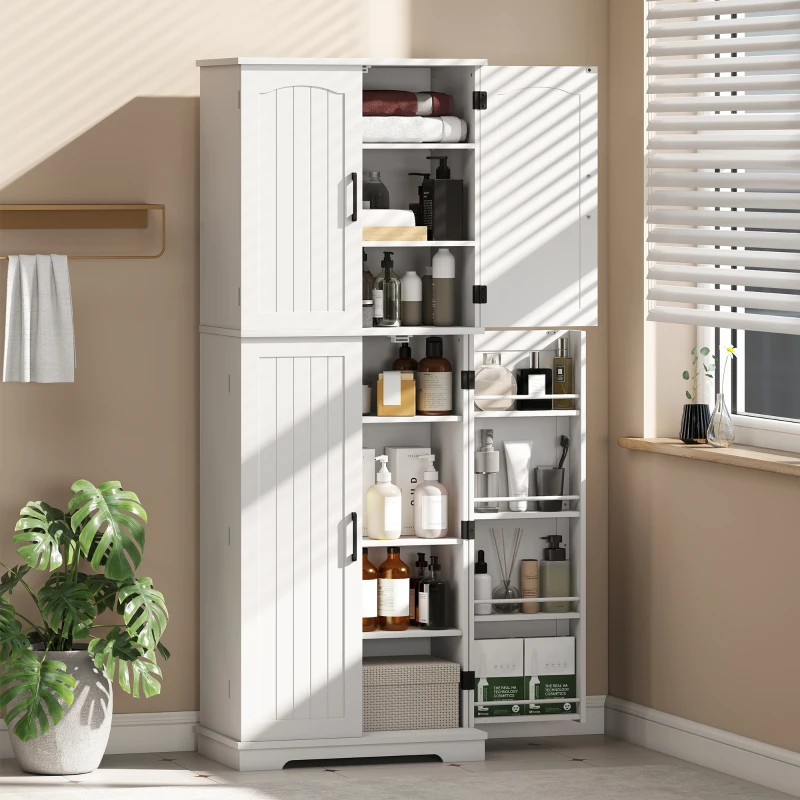 HOMCOM Buffet haut cuisine, armoire de cuisine, 4 portes, 10 niches, 8 porte-épices et étagères réglables, 60x35x162cm, blanc(m-8)