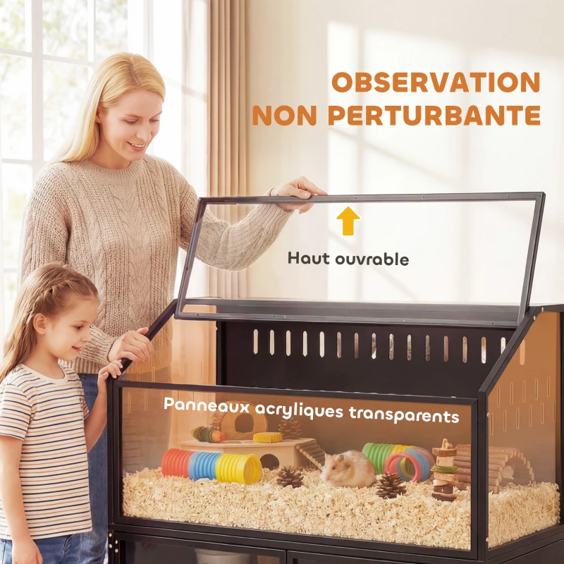 PawHut Cage Hamster 2-en-1 avec Armoire de Rangement pour Rongeur Hamster Syrien et Souris Acier et Acrylique Noir