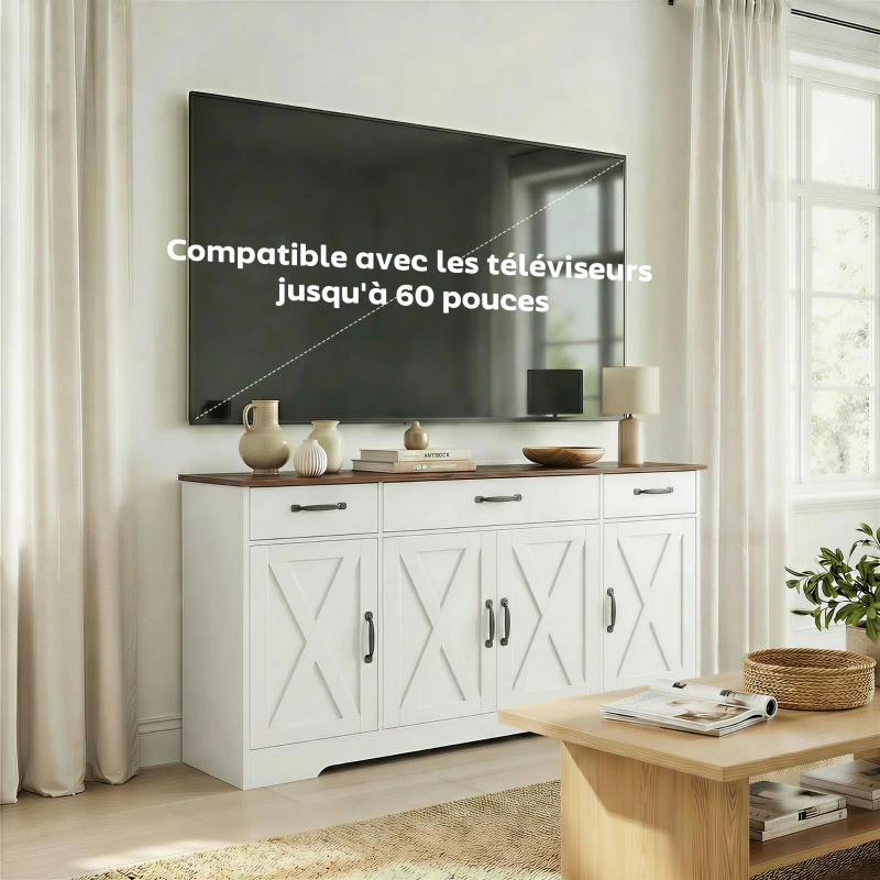 HOMCOM Buffet, meuble de rangement cuisine style ferme avec 4 portes de grange, 3 tiroirs, étagères ajustables, blanc