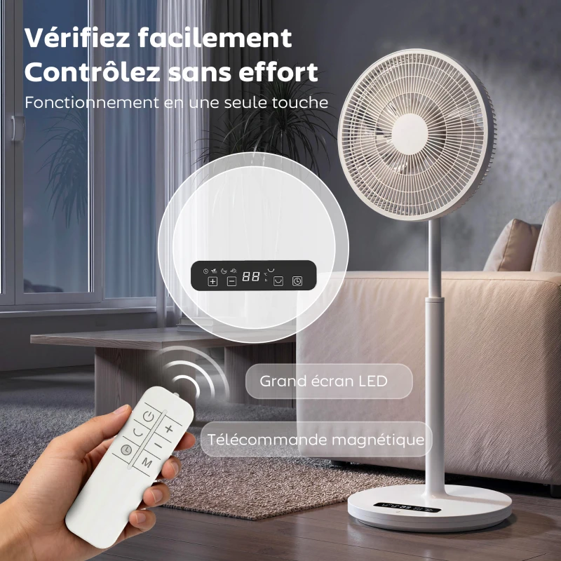 HOMCOM Ventilateur sur pied, ventilateur 39 cm avec 12 vitesses, 4 modes, minuterie 9H, oscillant 120°, hauteur réglable, blanc