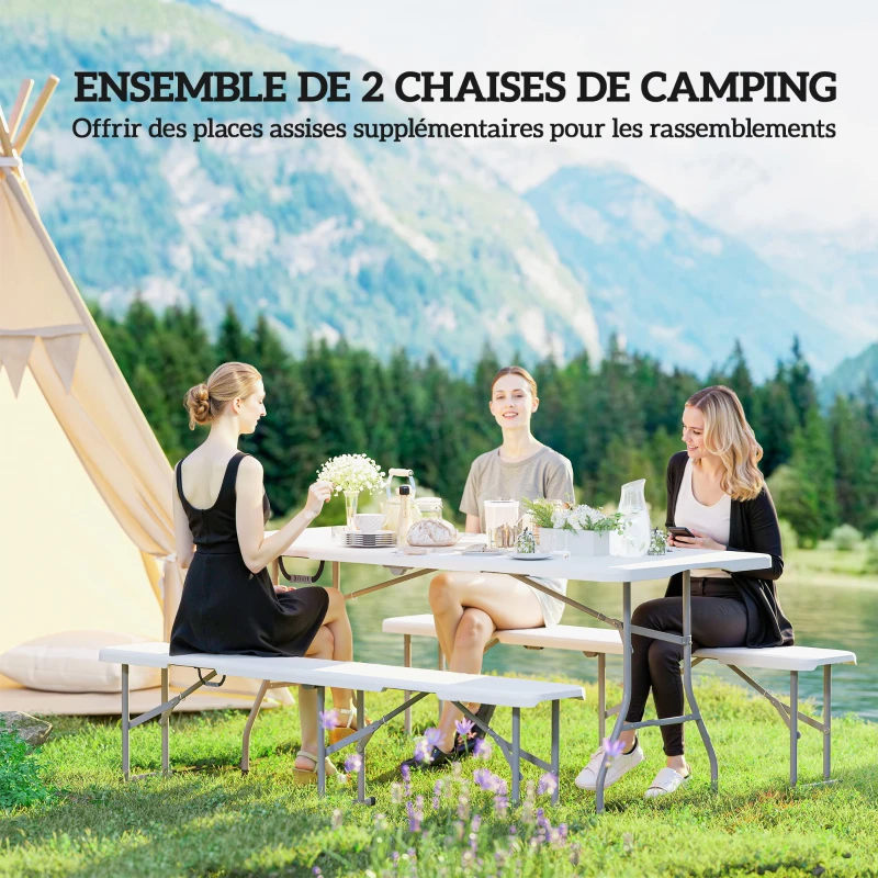 Outsunny Banc de jardin Lot de 2 bancs pliants avec poignée de Transport en Métal et HDPE 182 x 28 x 42 cm Blanc