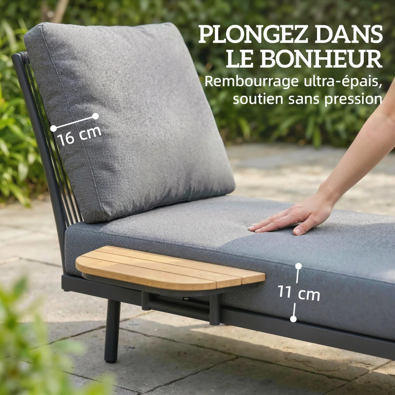 Outsunny Chaise Longue de Jardin avec Coussins Lavables en Oléfine et Étagère Latérale, Cadre en Métal, 58x137x75cm, Gris