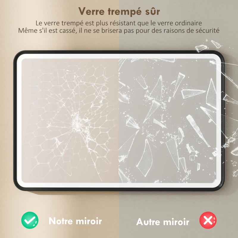 HOMCOM Miroir salle de bain avec éclairage 90 x 60 cm, miroir LED mural, anti-buée, 3 couleurs lumière, dimmable, noir