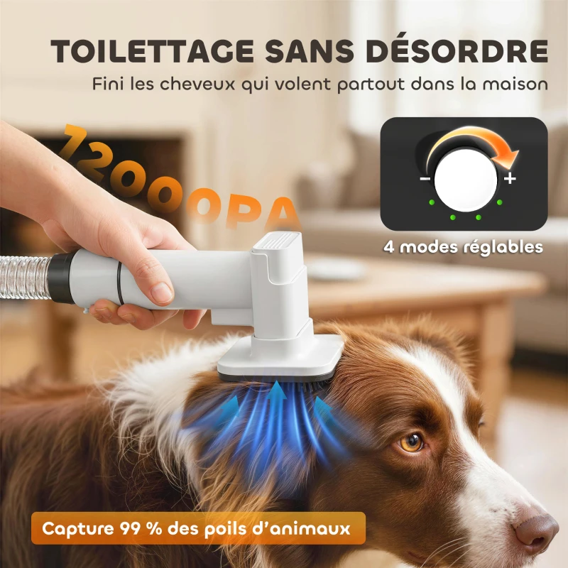 PawHut Aspirateur poil de chien et séchoir 5-en-1 kit toilettage chien professionnel 12kPa  50dB 37,6x17,5x18,5cm blanc