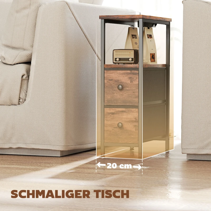 HOMCOM Couchtisch Beistelltisch mit Ladestation, Stahlrahmen, 2 Stoffschublade, offen Fach, 20cm x 40cm x 63cm, Rustikal-Braun