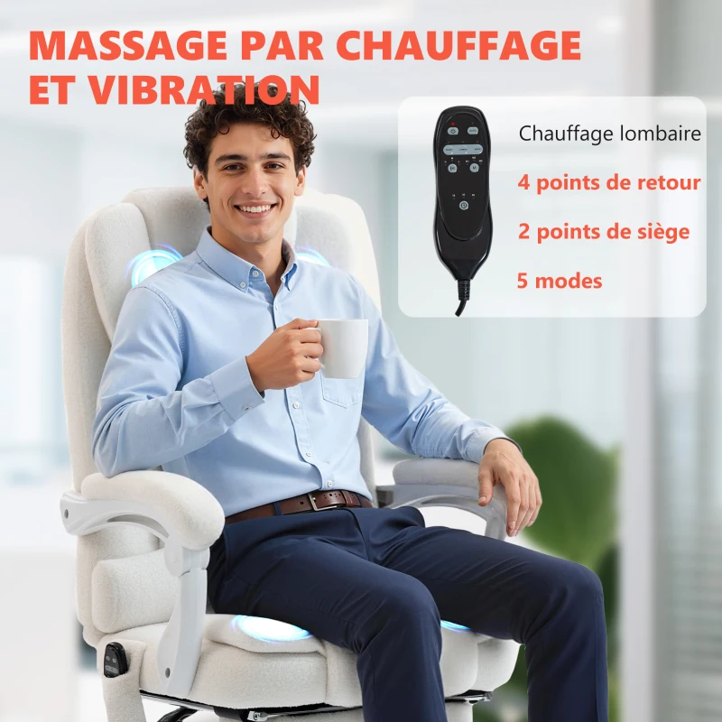 Vinsetto Fauteuil de bureau direction massant chauffant hauteur réglable dossier inclinable toile de lin blanc
