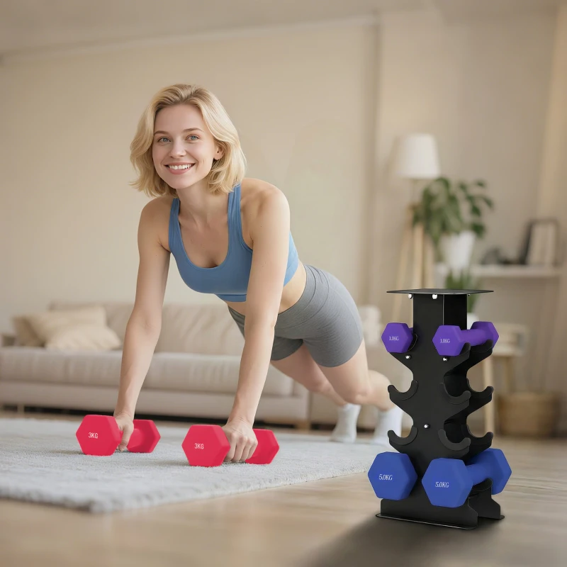 SPORTNOW Lot 3 haltères hexagonaux avec support, 2 x 1kg, 2 x 3kg, 2 x 5kg, poignées antidérapantes, fitness à domicile